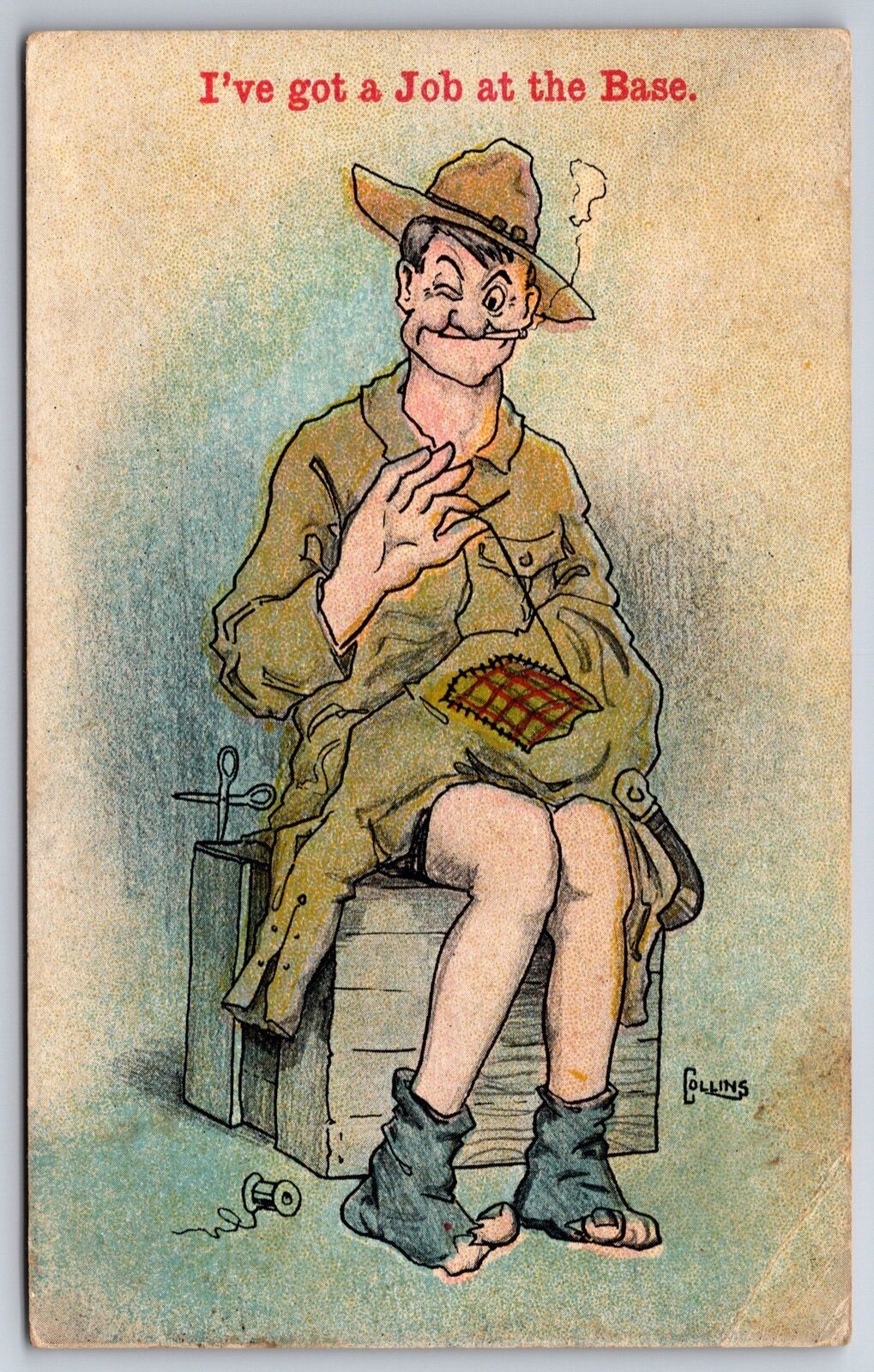 Collins~Soldier Comic Pun~Got A Job At The Base~Recruit Sews Patch~c1917 WWI
