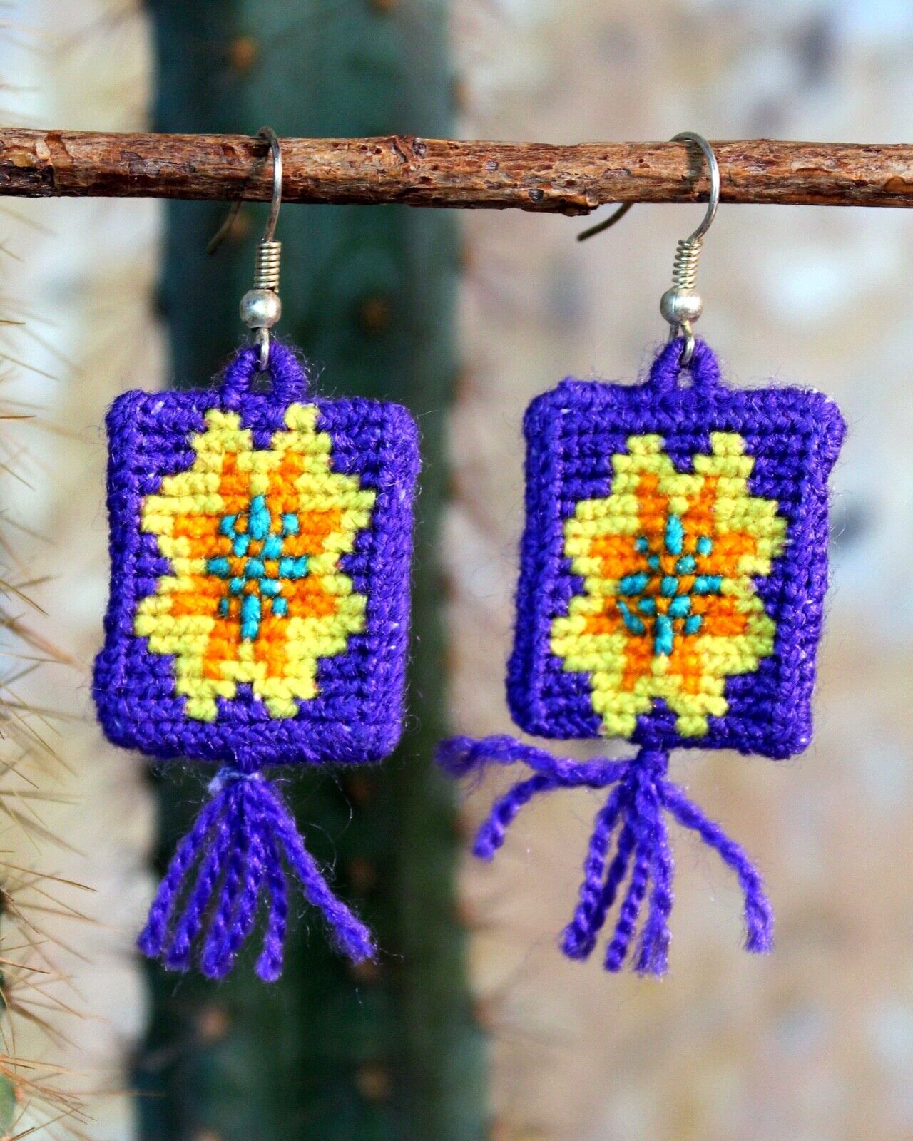 Marigold Flower Earrings Embroidered Handmade Mayan Chiapas Mexican Folk Art