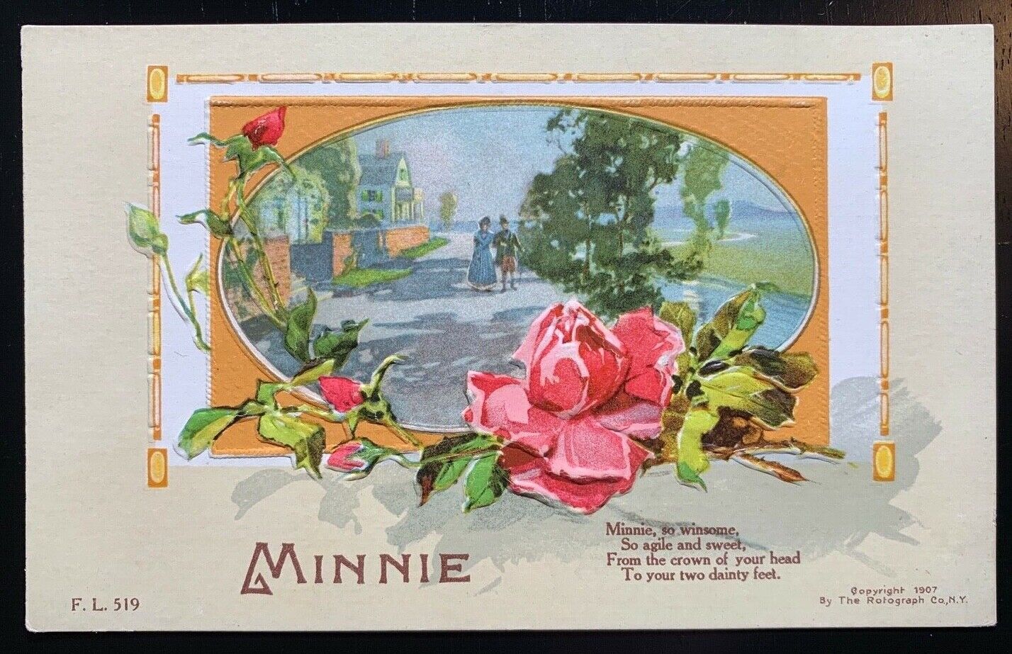 Embossed Postcard - Woman\'s Name MINNIE Flowers Roses