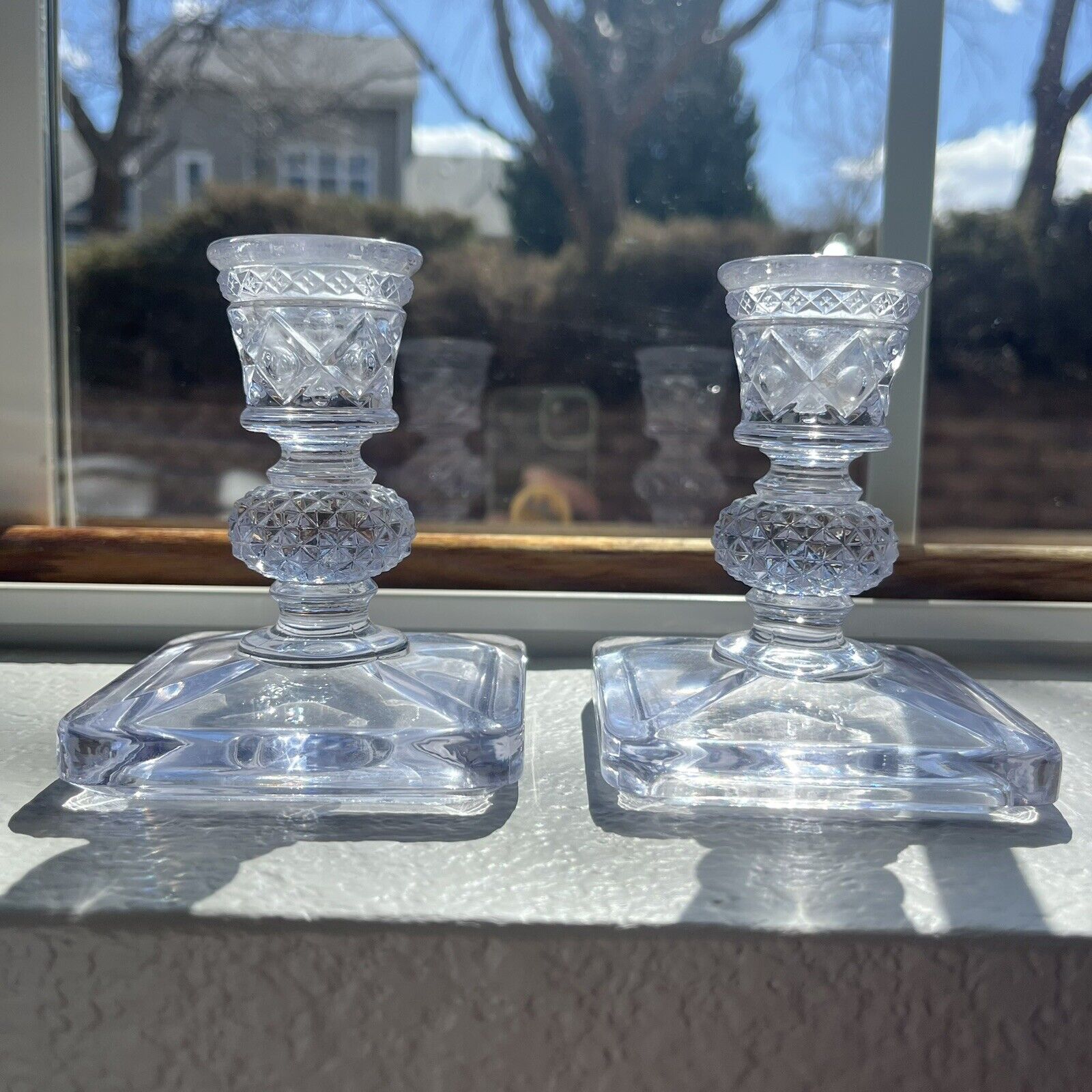 Vintage MCM Heavy Cut Clear Glass Deep Etched Candlesticks 4.5\