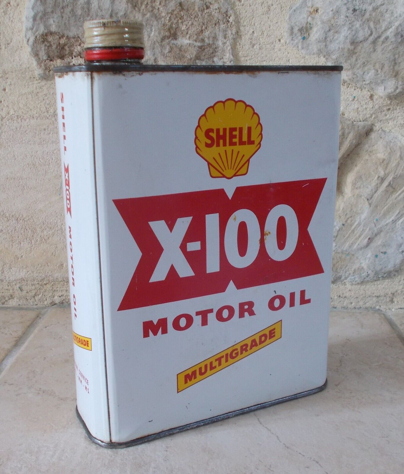 Antique SHELL X-100 white Multigrade Oil can tin old vintage France french