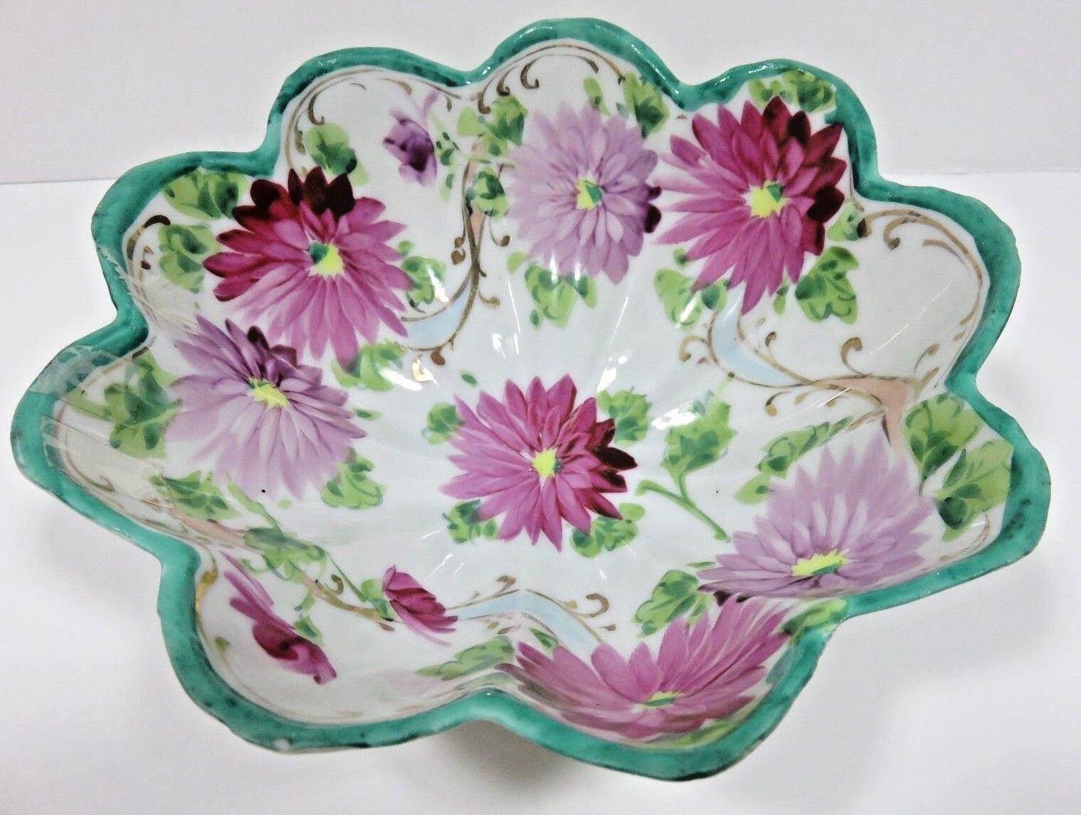 Vintage Japan Hand Painted Pink Floral Bowl with Scalloped Edge ~ 7\