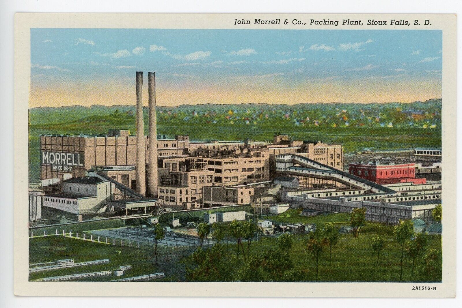 Vintage Postcard Sioux Falls, SD John Morrell & Co Packing Plant Linen Unposted