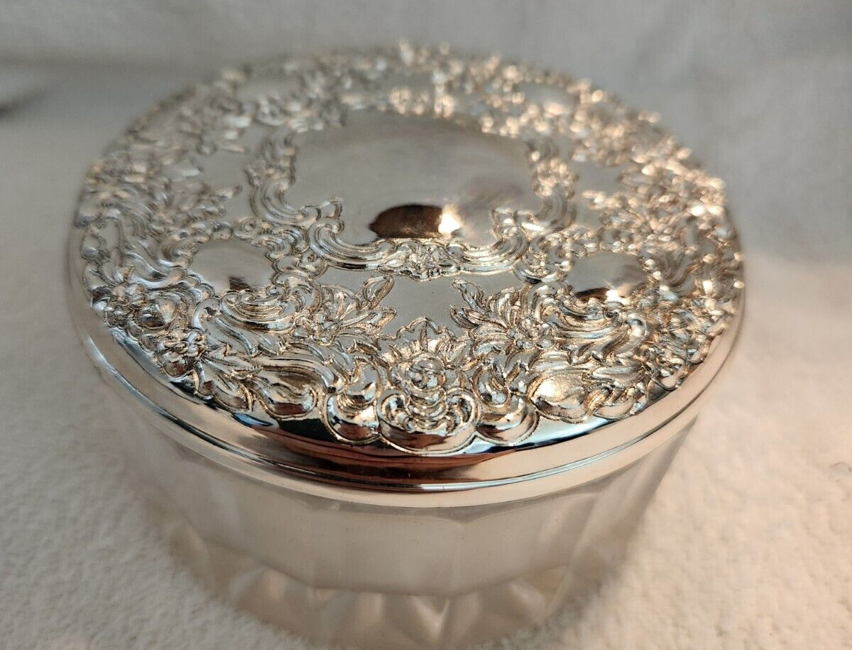 Vintage Towle Sterling Silver Glass Powder Jar with Screen Mirrored Lid in Box