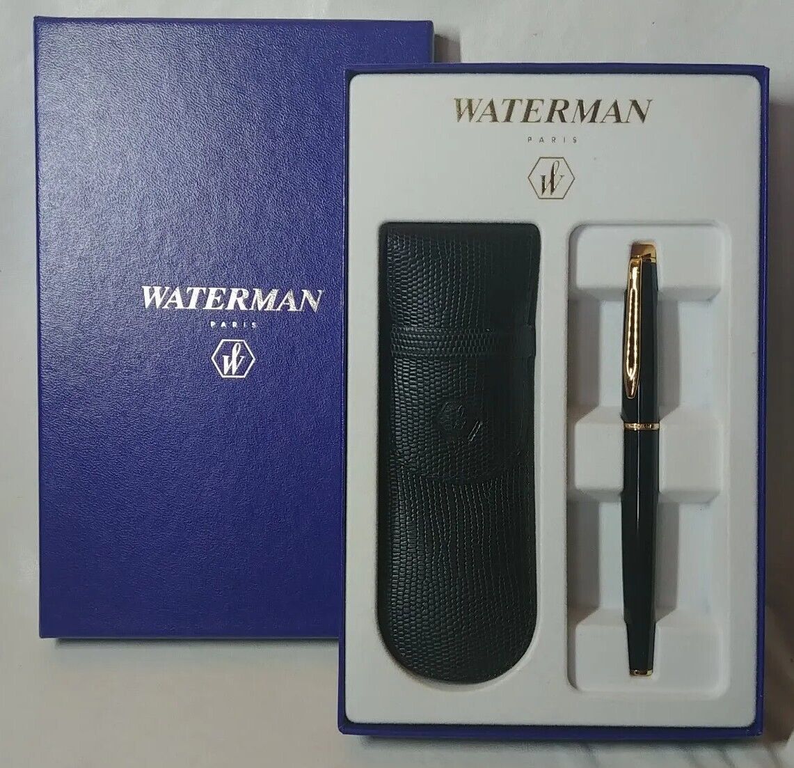 NIB Waterman Paris Hemisphere Pen Black Laquer Gold Trim & Leather Case (Y4)