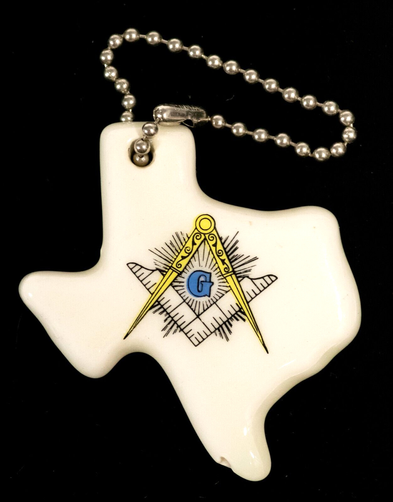 Vtg State of Texas Shaped Keychain Masonic Freemasonry Square+Compass Key Fob S1