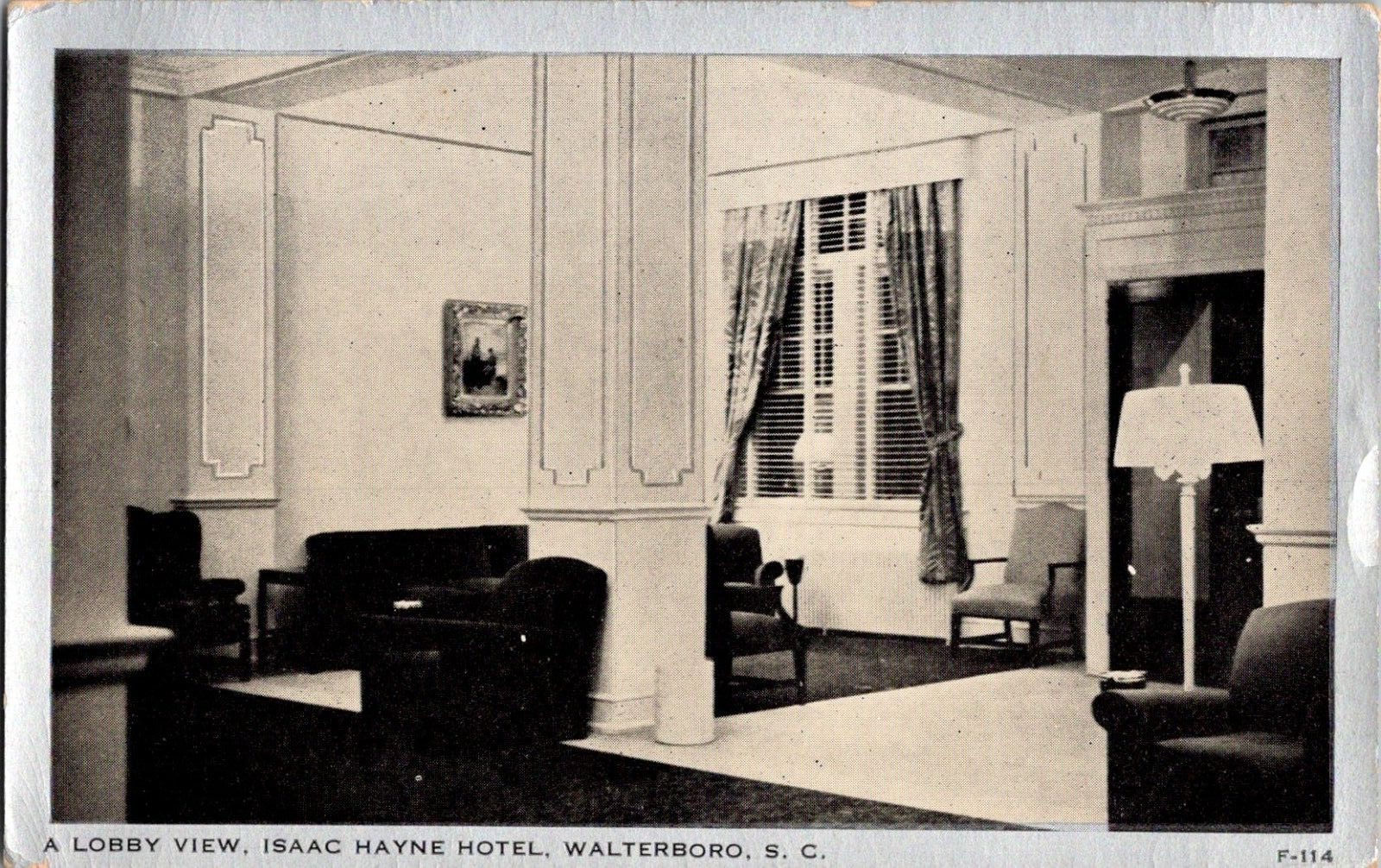 Postcard Isaac Hayne Hotel Lobby View Walterboro South Carolina Lithograph