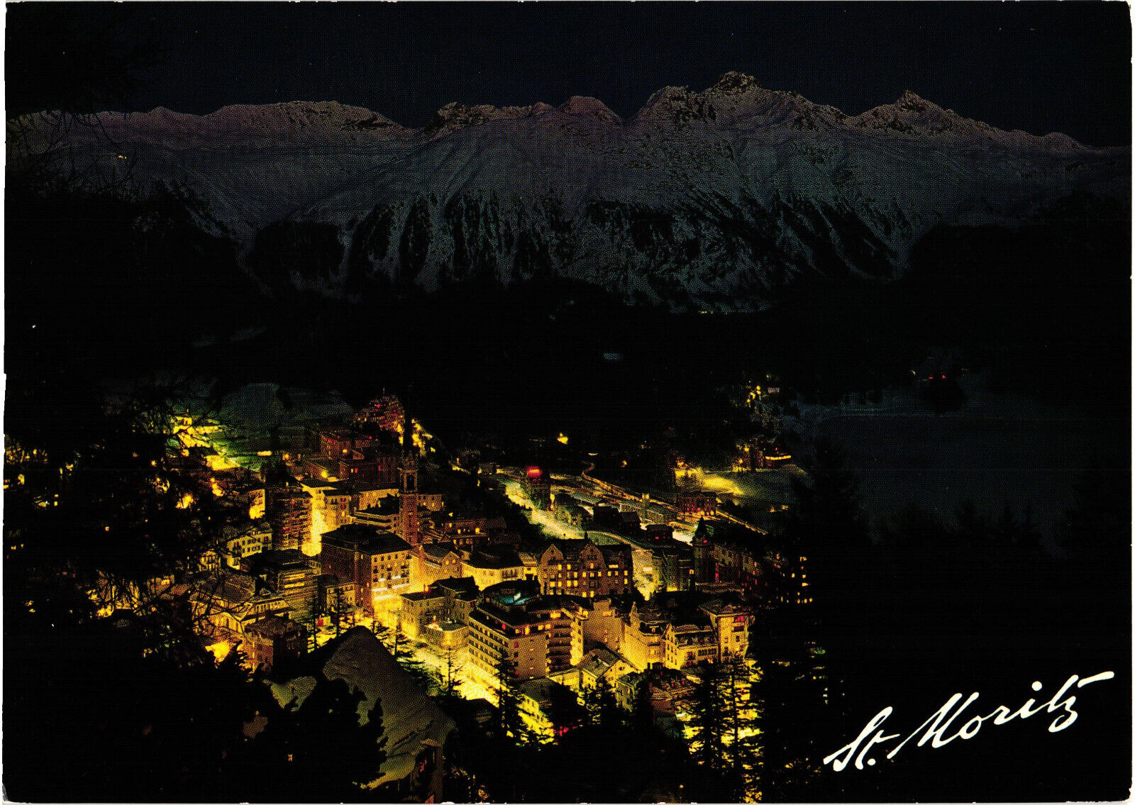 St. Moritz by Night with Mountains and Snow Hans Steiner St. Moritz Postcard
