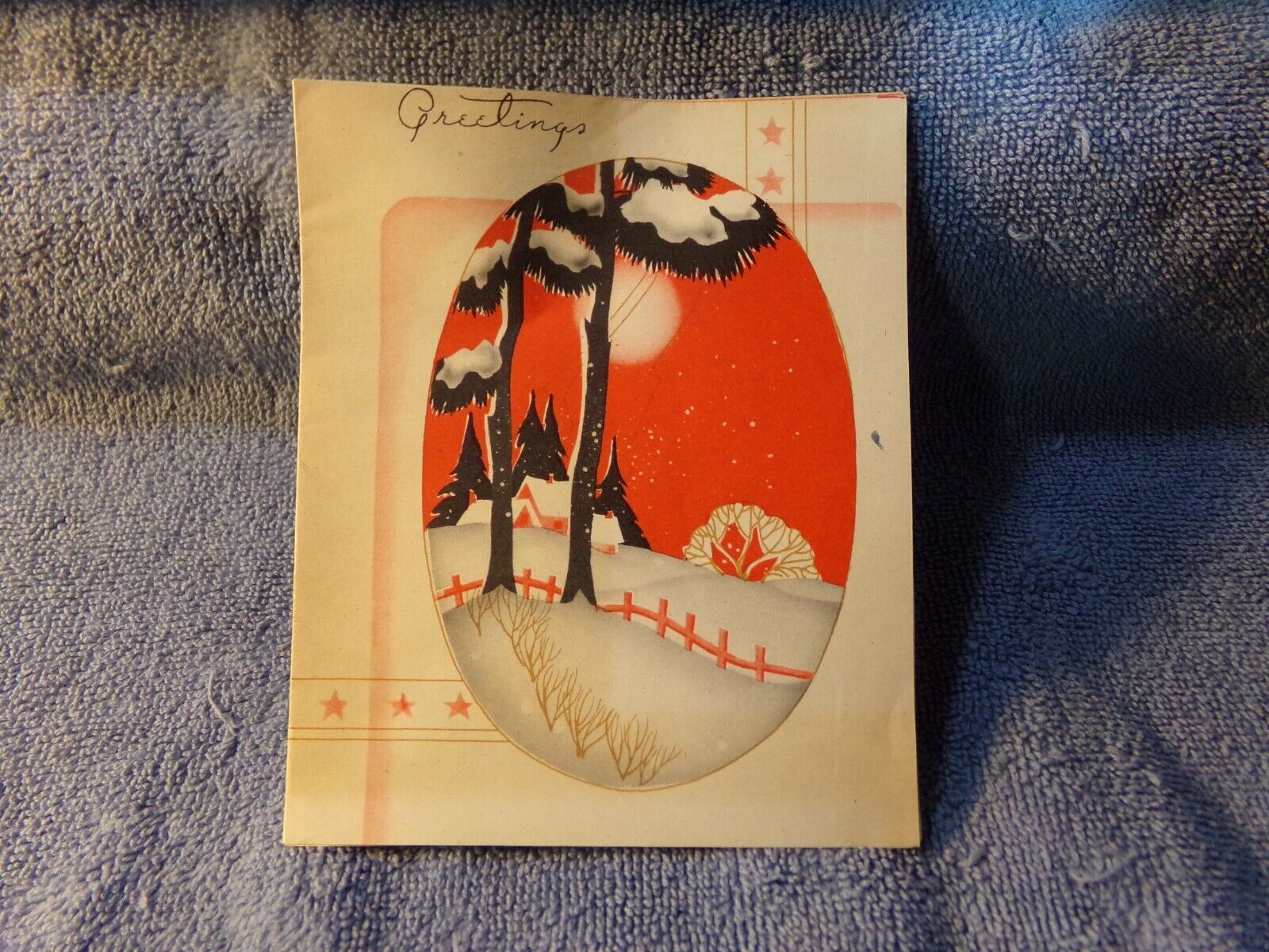 Vintage Christmas Card 1940s Roy Craft Canada Blockprint Snow Scene