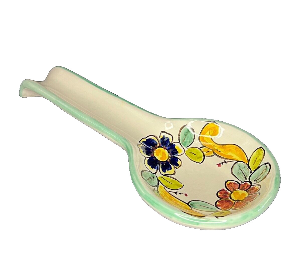 Vietri Italy White Multicolor Floral Design Clay Pottery Spoon Rest 11\