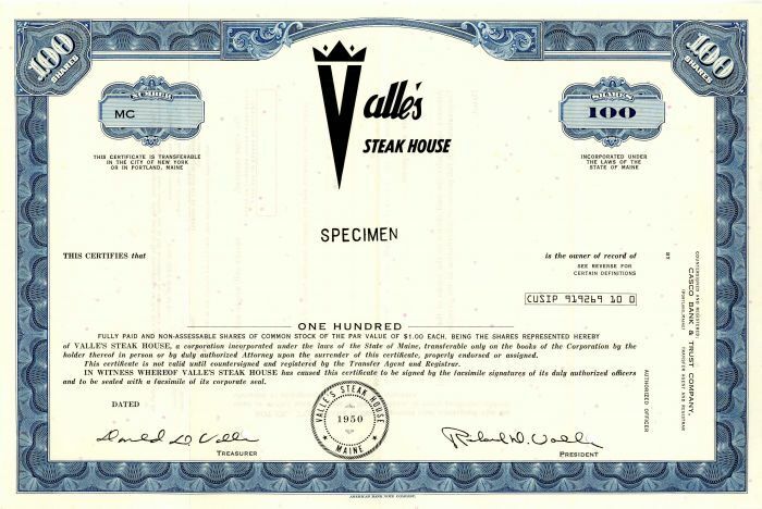 Valle\'s Steak House - Specimen Stock Certificate - Specimen Stocks & Bonds