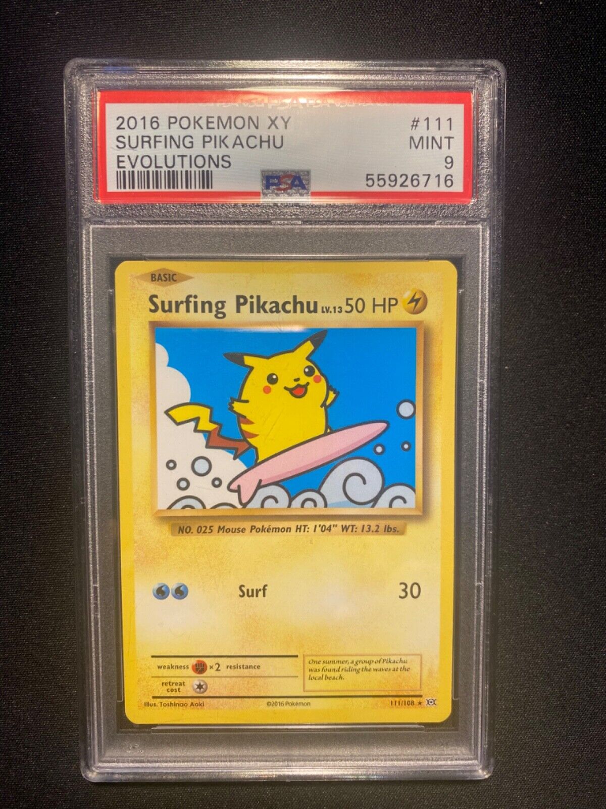 2016 Pokemon Card XY Evolutions Surfing Pikachu 111/108 PSA 9 MINT - Rare Secret