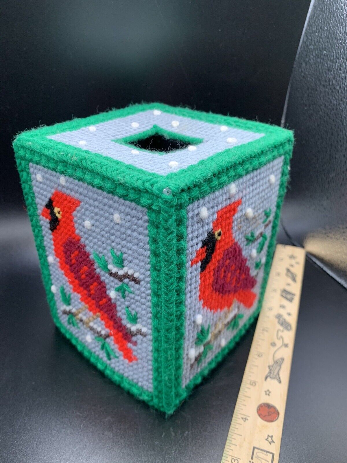 Vintage Needlepoint Tissue Box Cover Christmas Handmade Kitsch Cardinal Winter