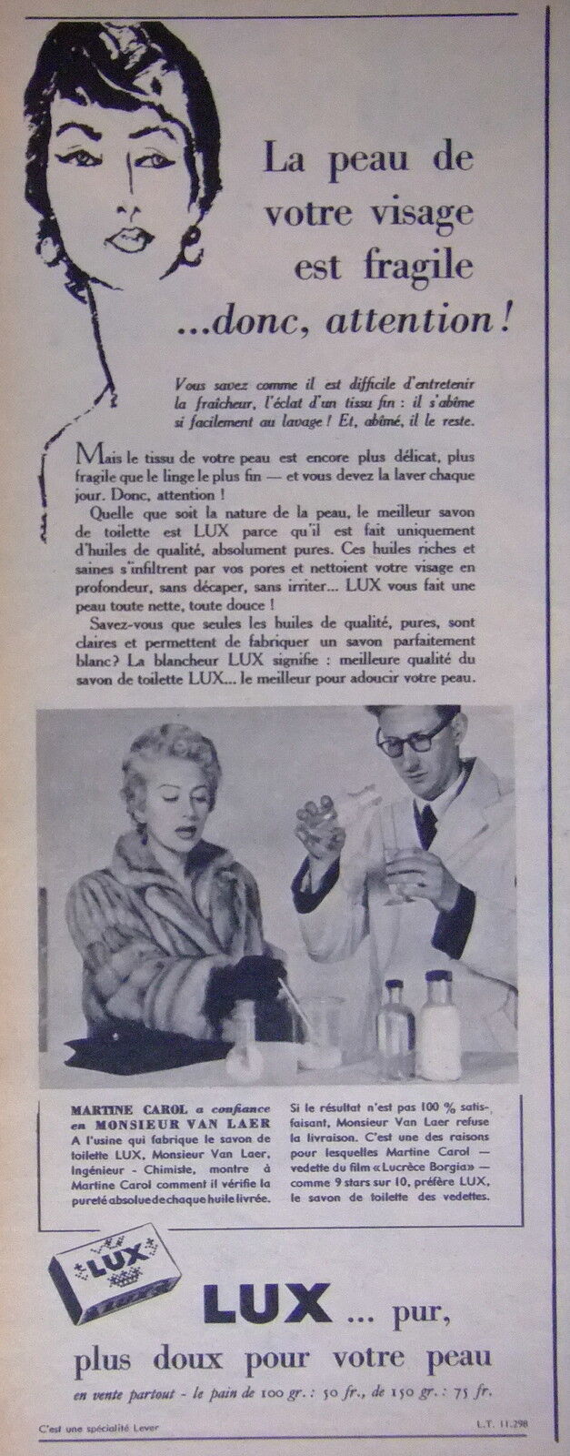 1954 ADVERTISING LUX PURE SOAP SOFTER YOUR FACE SKIN IS FRAGILE