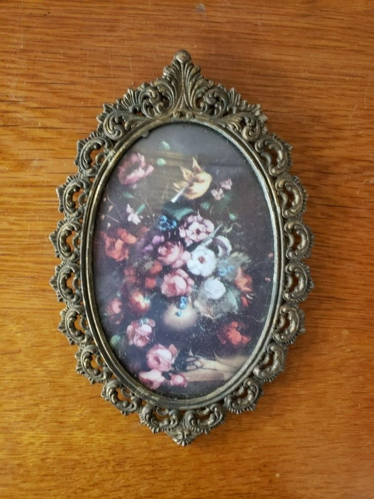 Vintage Ornate Metal Oval Framed Convex Bubble Floral Wall Hanging