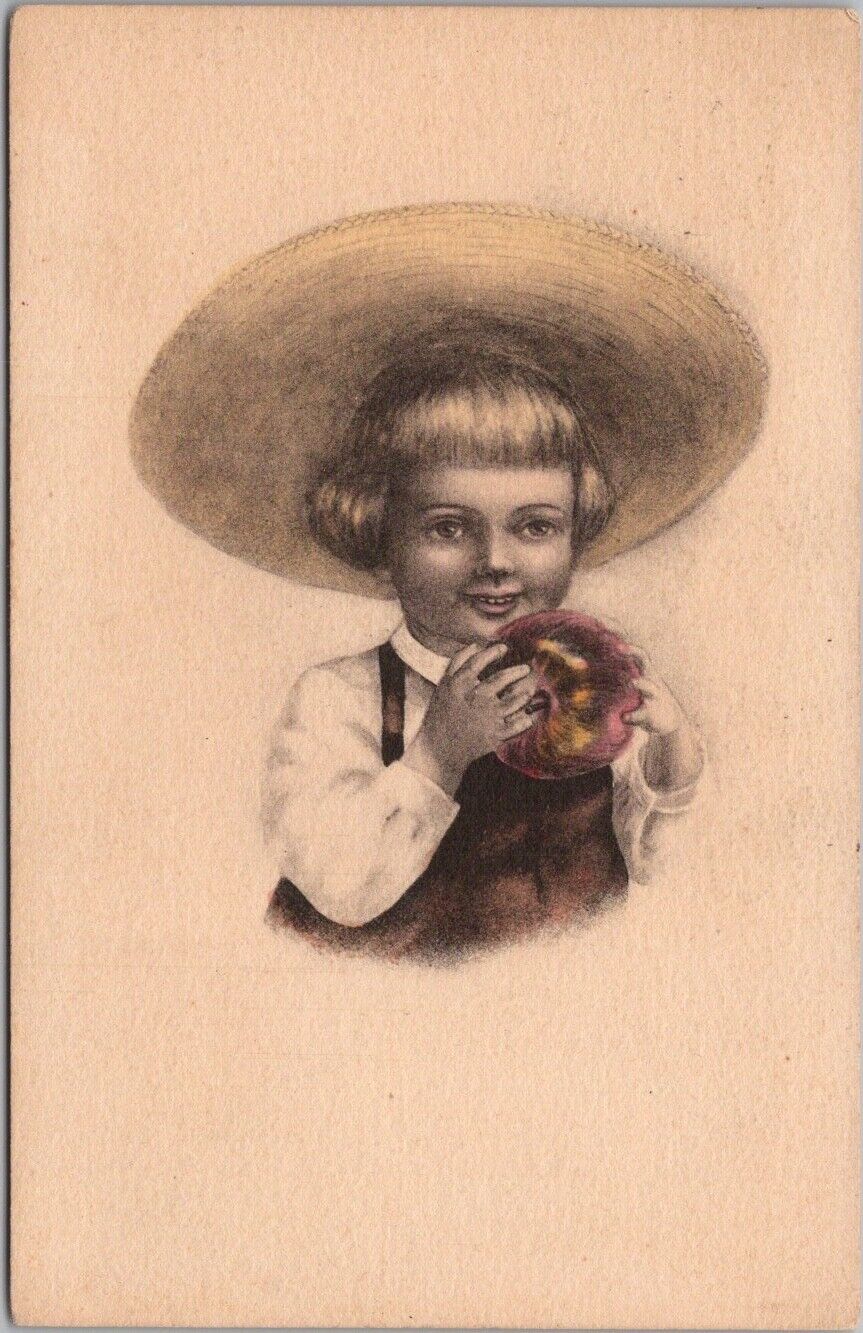 Vintage c1910s Greetings Postcard Little Girl in Big Straw Hat with Apple