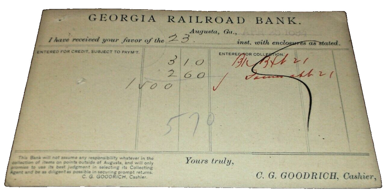 APRIL 1894 GEORGIA RAILROAD BANK POST CARD 