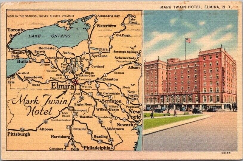 Elmira, New York Postcard MARK TWAIN HOTEL Street View / Map - Linen 1941 Cancel