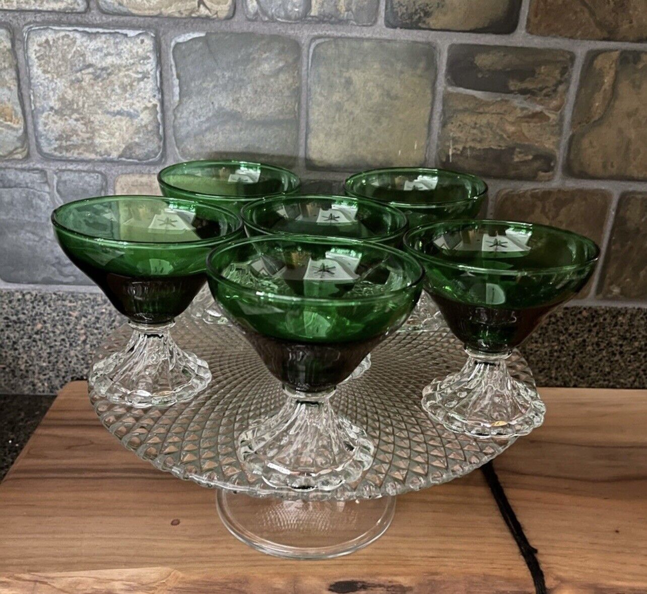 Vintage Burple Green Champagne Sherbet Glasses Swirl Foot Set Of 6 Circa 1950’s