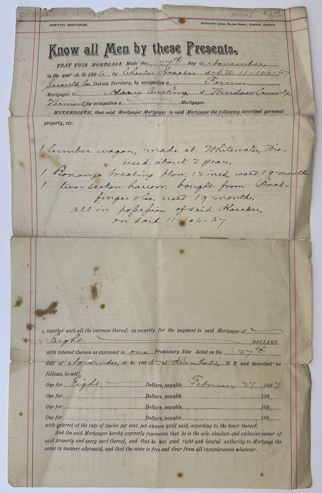 Antique 1886 Chattel Mortgage Agreement Paper W/ Watermark Dakota Territory