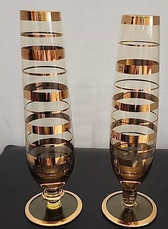 Vintage Deco Style or MCM Gold Stripe Two Glass Vases Encircled 9\