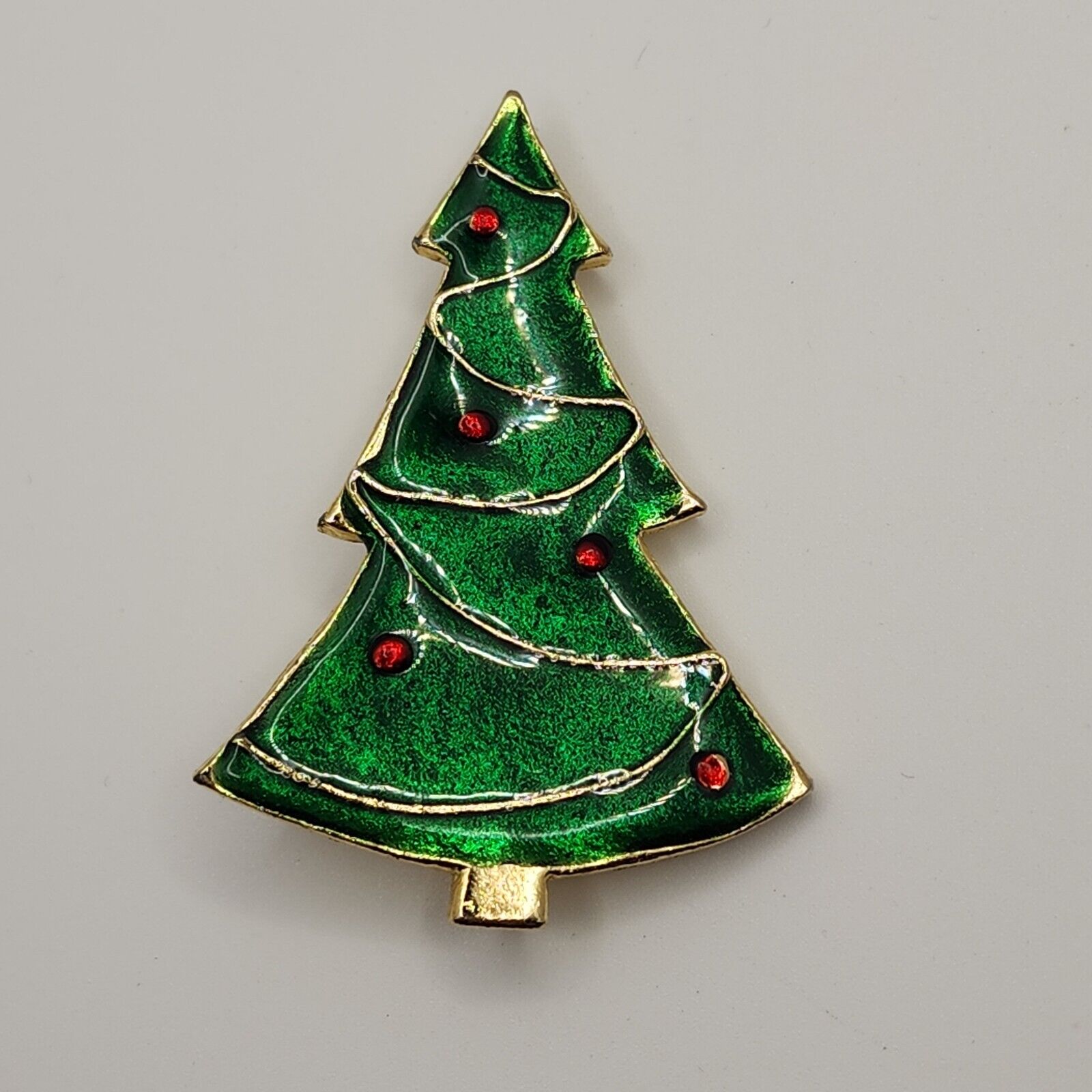 Vintage Green Enamel Christmas Tree Pin Brooch Red Ball Ornaments Holiday 