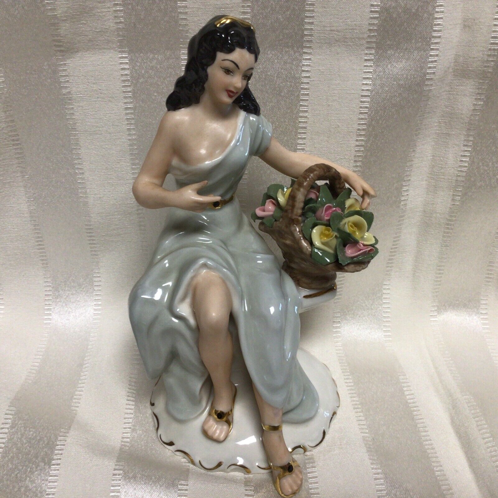 Antique RARE  Dresden Germany Porcelain Figurine Girl With Basket Of Flowers 8”