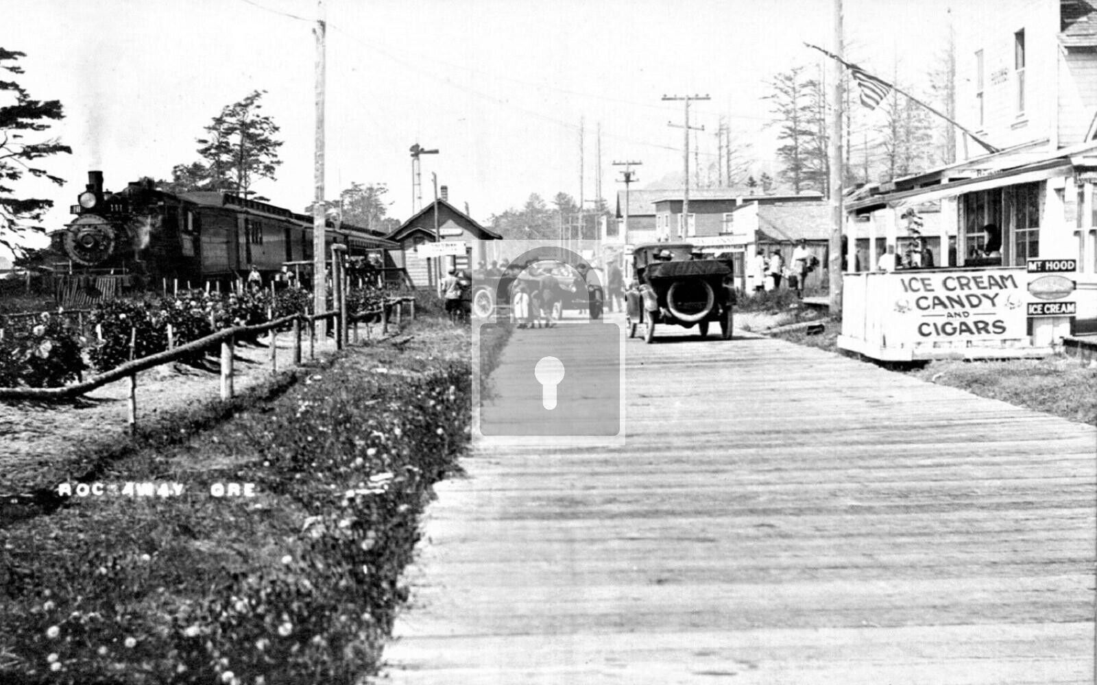 Railroad Train Boardwalk Scene Rockaway Beach Oregon OR Reprint Postcard