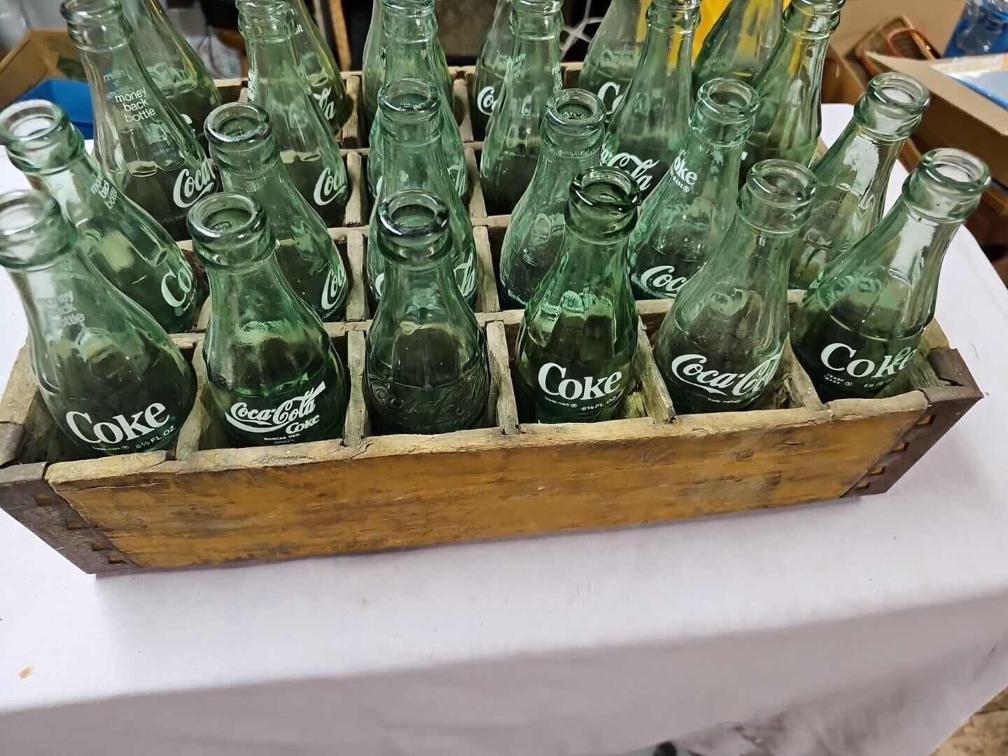 Vintage Coca Cola Green 6.5 Oz Bottles (24), Old Wooden Soda Pop bottle Crate 