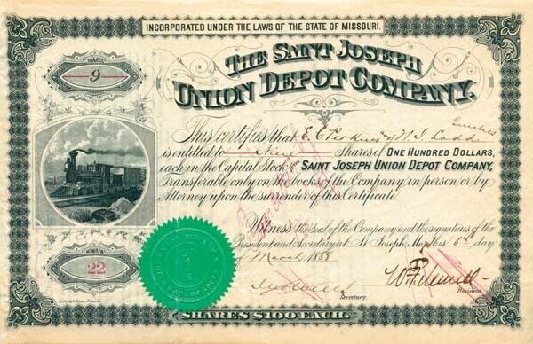 Saint Joseph Union Depot Co. - Stock Certificate - Railroad Stocks