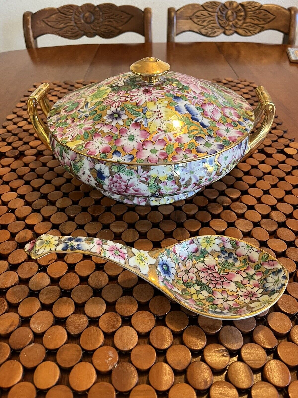 Antique Gilded Floral Tureen Hand Painted In Hong Kong