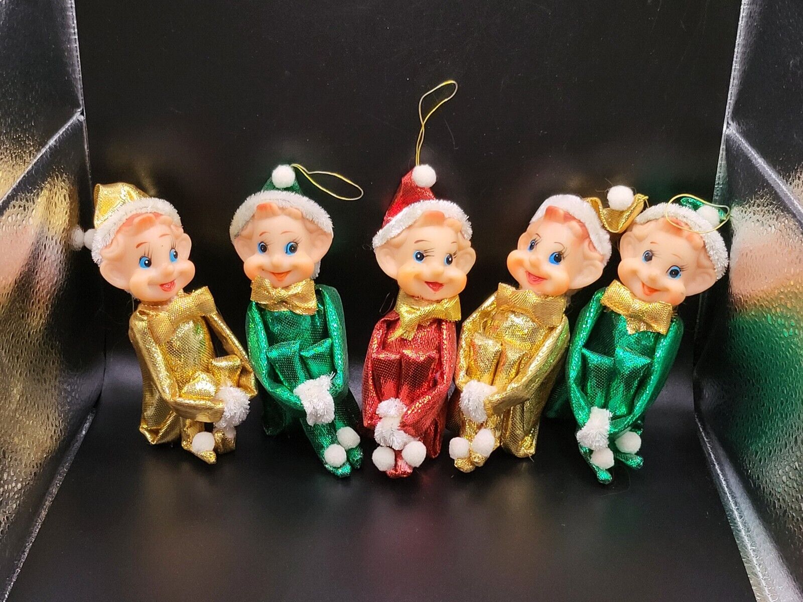 5 Vintage Christmas Pixie Shelf Elf Knee Hugger Ornament Sitter Metallic Japan