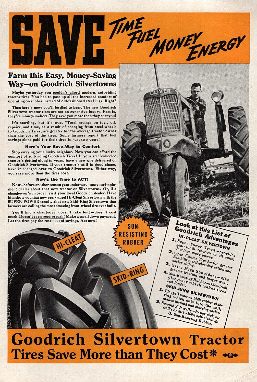1939 Oliver Model 70 Tractor Original Goodrich Silvertown Tires Ad 