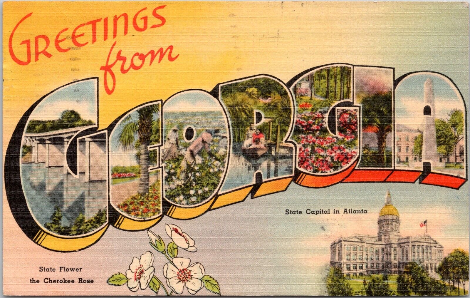 Large Letter Greetings from Georgia- 1944 Linen Postcard - State Capitol, Flower