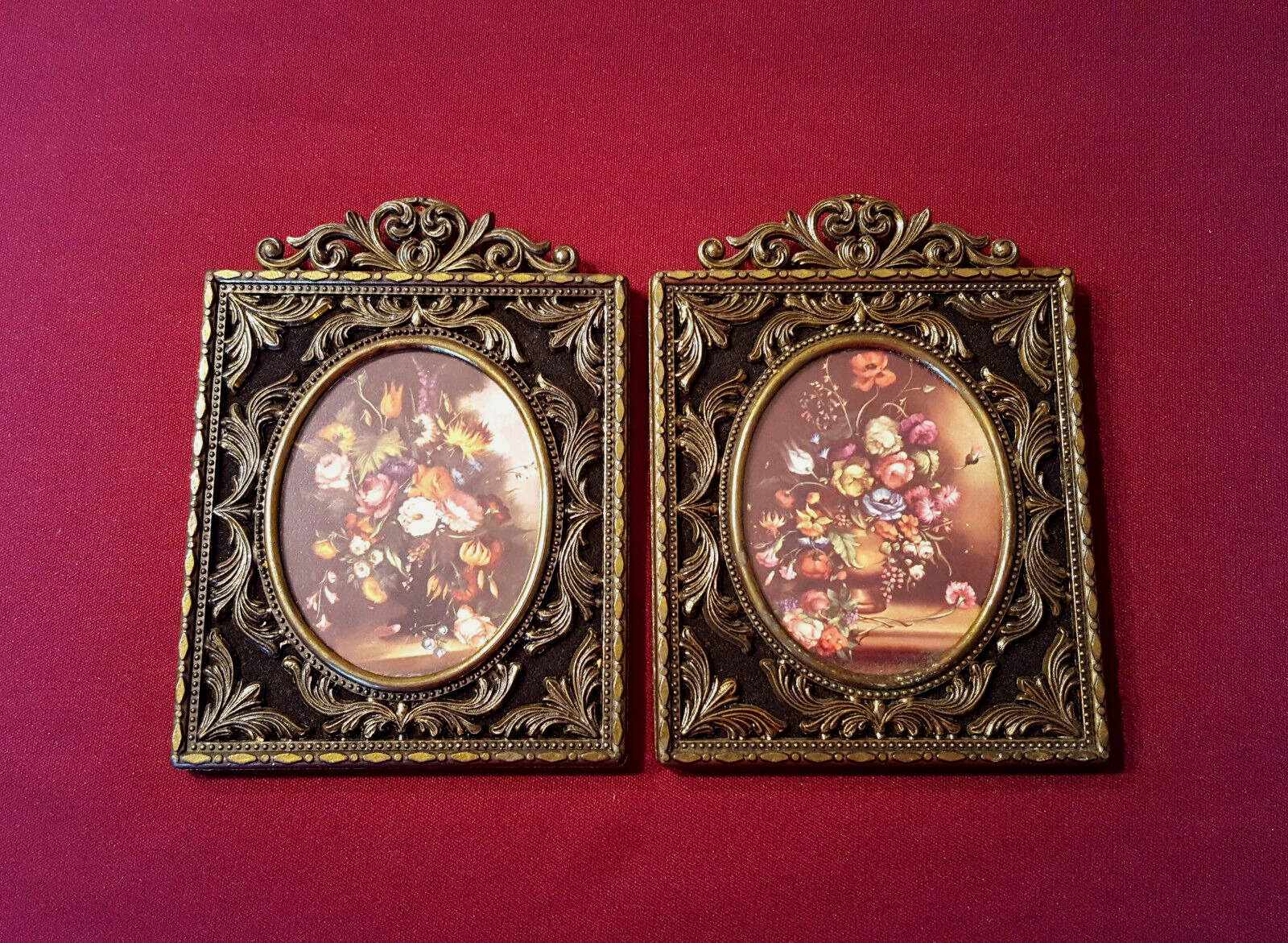 Vintage Set of Italian Ornate Metal Pictures with Floral Still Life