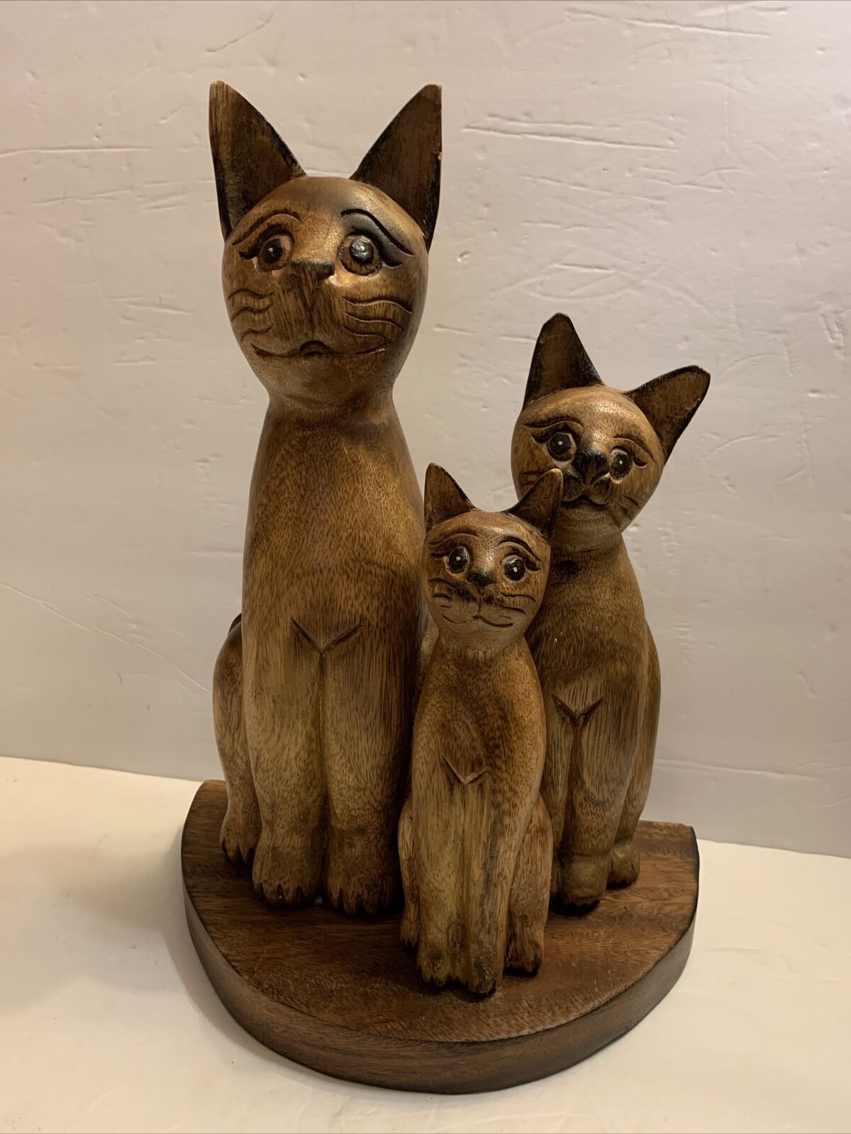 3 Cats Kitty Family Wooden figurine Handmade Mid Century Thailand 14.5” Tall