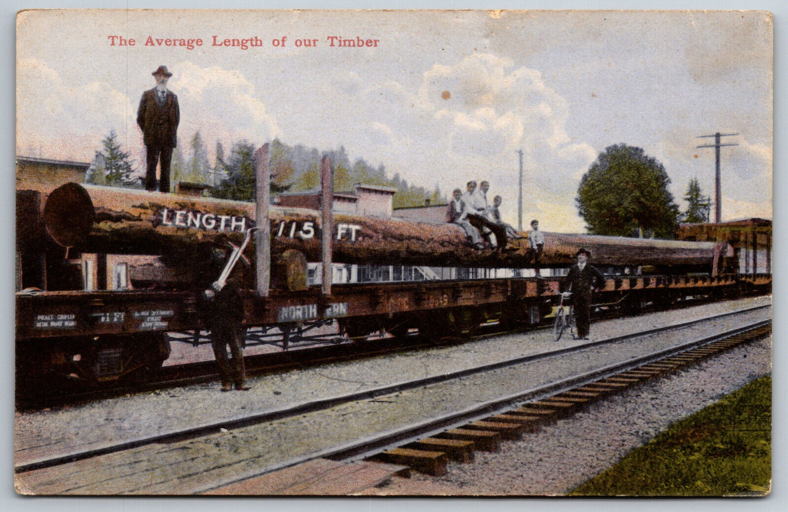 Giant Timber on Train Postcard Railway Workers Huge Log Advertisement WA or OR