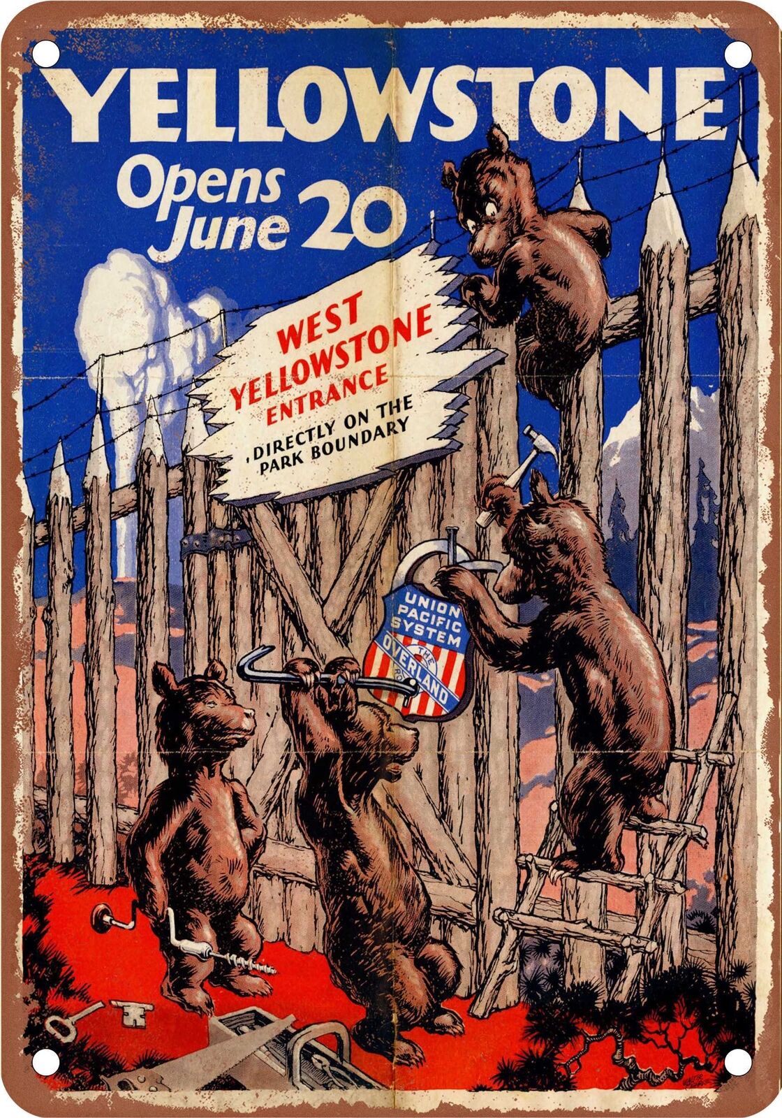 METAL SIGN - 1929 Union Pacific Yellowstone Bears - Vintage Rusty Look