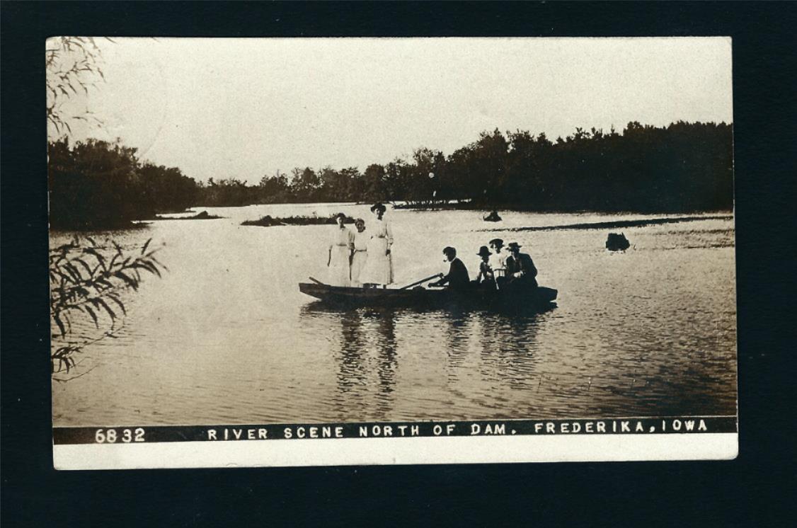 Frederika Iowa IA 1911 RPPC 4 Gals & 3 Guys Row Boating North of the River Dam