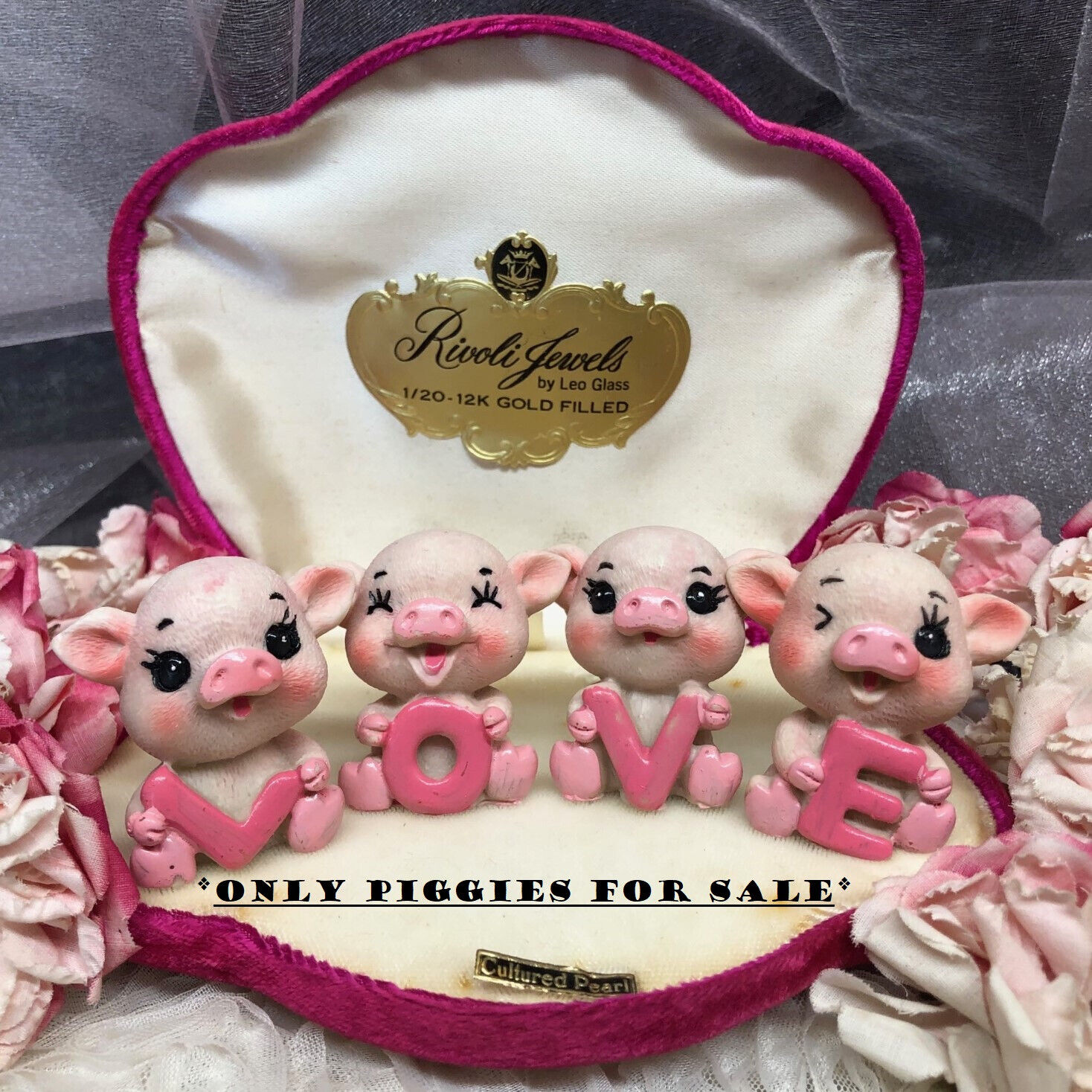 VTG Anthropomorphic Pink Piggy Piggies Baby Figurine Letter LOVE Kawaii Farm 4pc