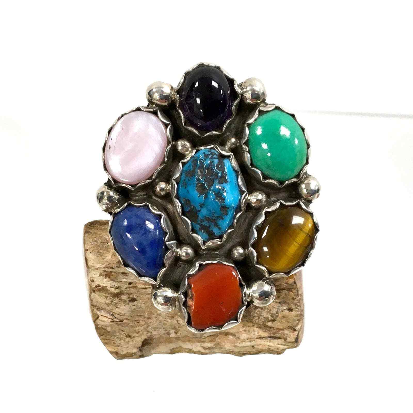 Navajo Southwest Signed PR Sterling Silver Turquoise Multi-stone Ring Size 8.5