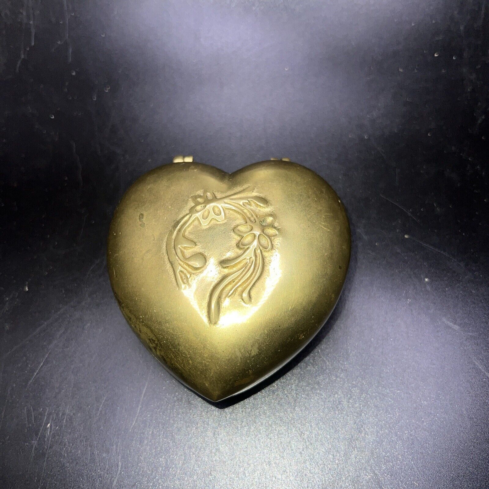 Brass Heart-shaped Trinket Keepsake Storage Box Valentine Velvet Lined VTG