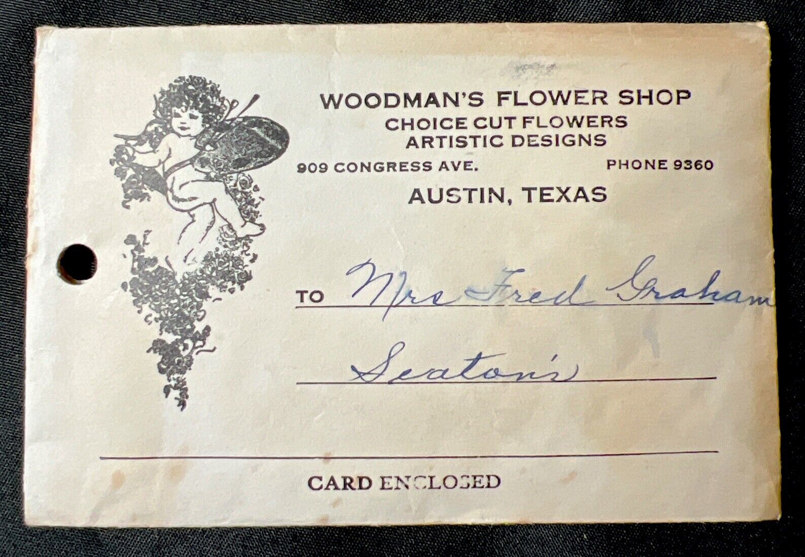 vintage WOODMAN’S FLOWER SHOP florist AUSTIN TEXAS ATX Floral Card Envelope