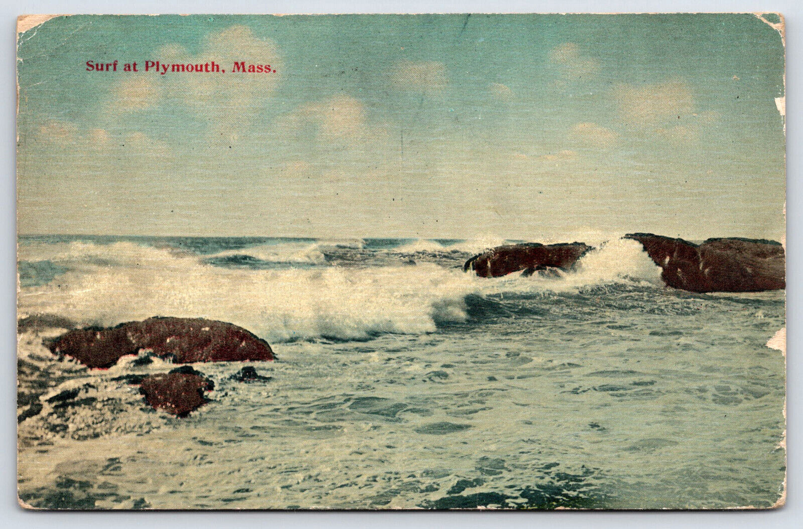 Plymouth MA-Massachusetts, Surf Water Rocks Sky, Vintage Antique 1912 Postcard