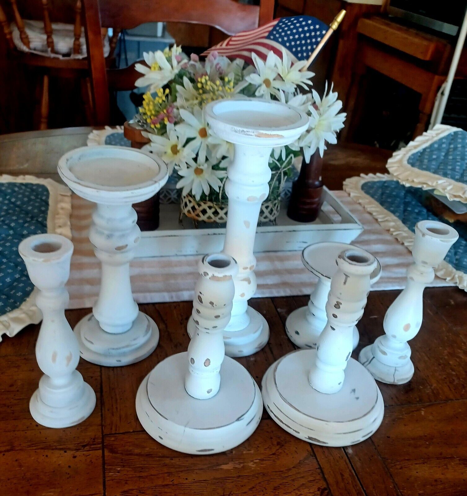 White Candlestick Lot Painted Distressed Chippy Vintage Shabby Country French