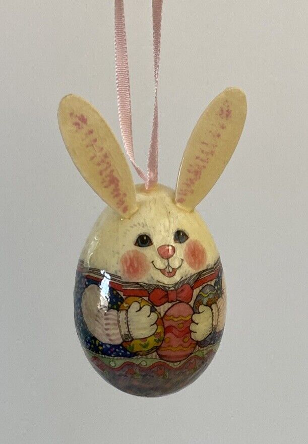 Vintage Paper Mache Bunny w/ Bow Tie Egg Ornament Easter Spring Decor Rabbit