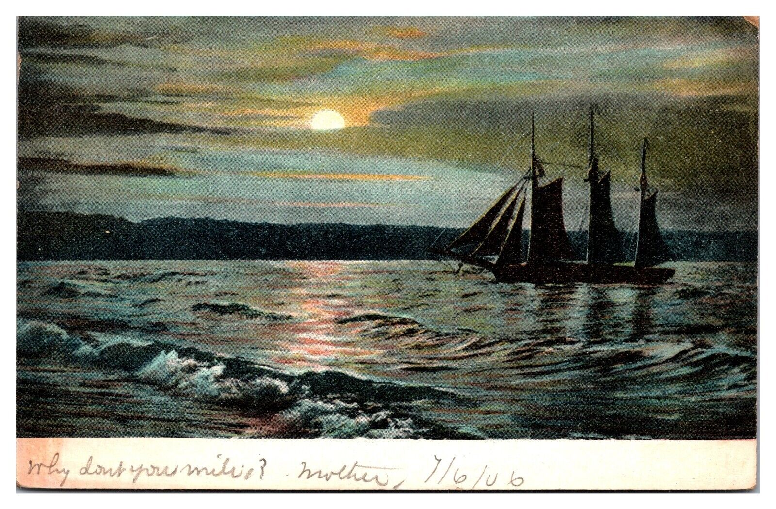 1906 Tall Boat on a Lake/Ocean at Night, Landscape, Postcard