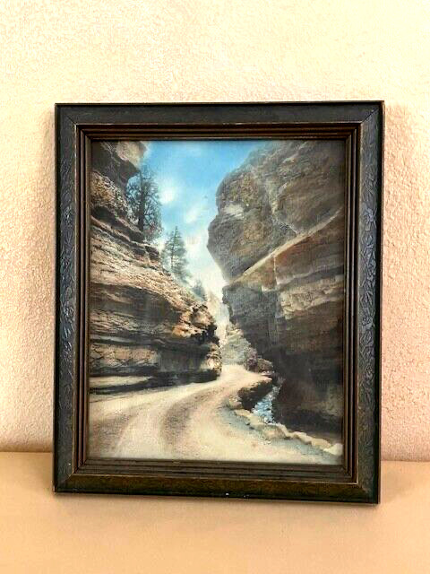 Antique Hand Tinted Photograph Mountain Pass Turn of Century Embossed Oak Frame