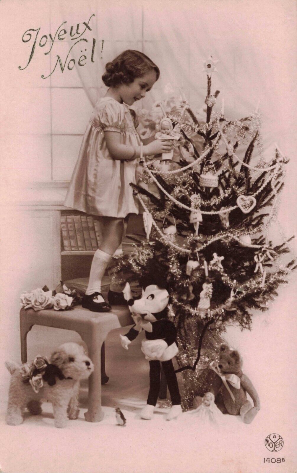 RPPC Christmas Little Girl Decorates Tree Stuffed Animal Toys Vintage Postcard
