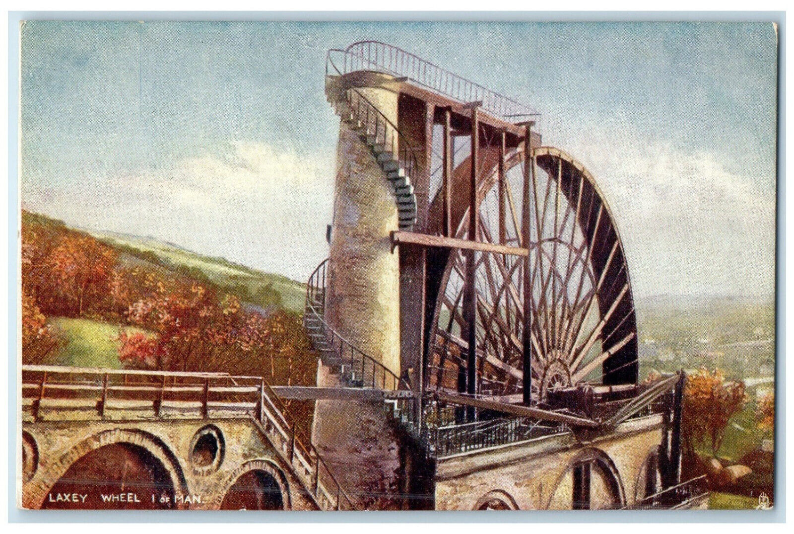 c1910 View Laxey Wheel Isle of Man Oilette Tuck Art Unposted Postcard